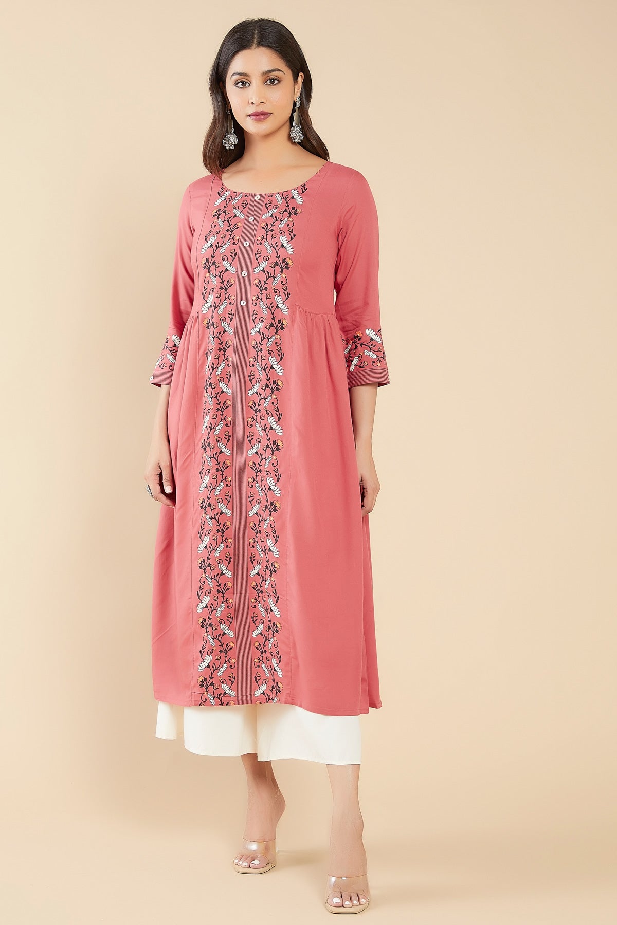 Scroll Floral Printed Kurta Peach