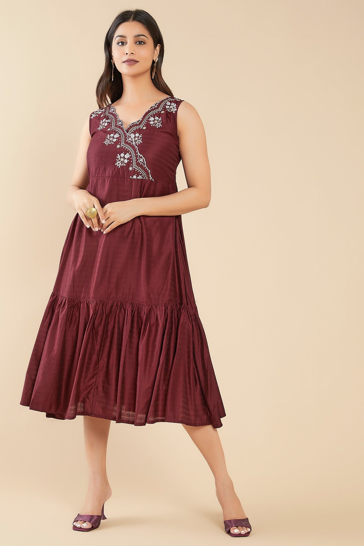 Scallop Cutwork Floral Motif Printed Kurta - Brown