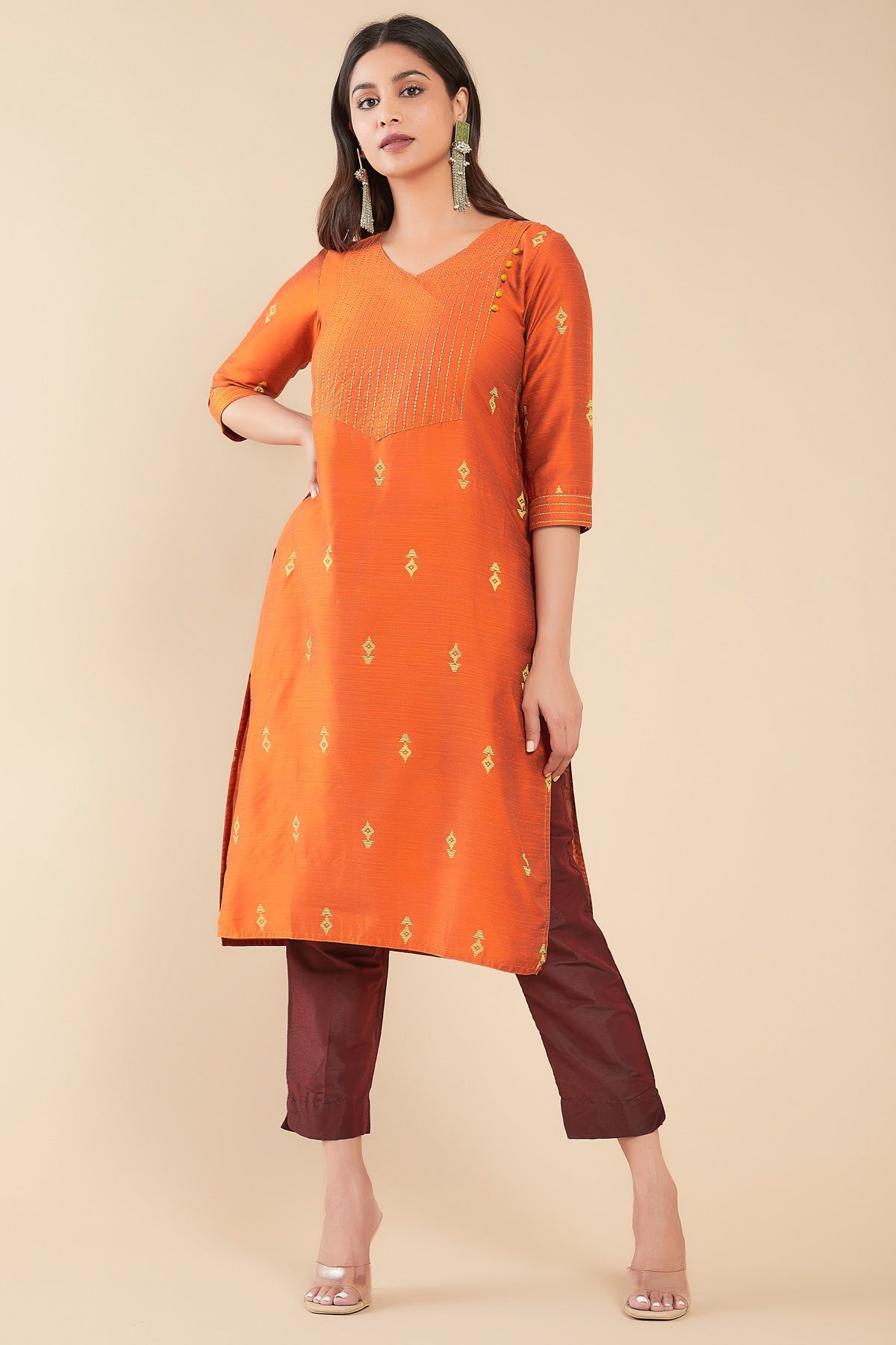 Silver Zari Detail With Geometric Printed Kurta - Orange